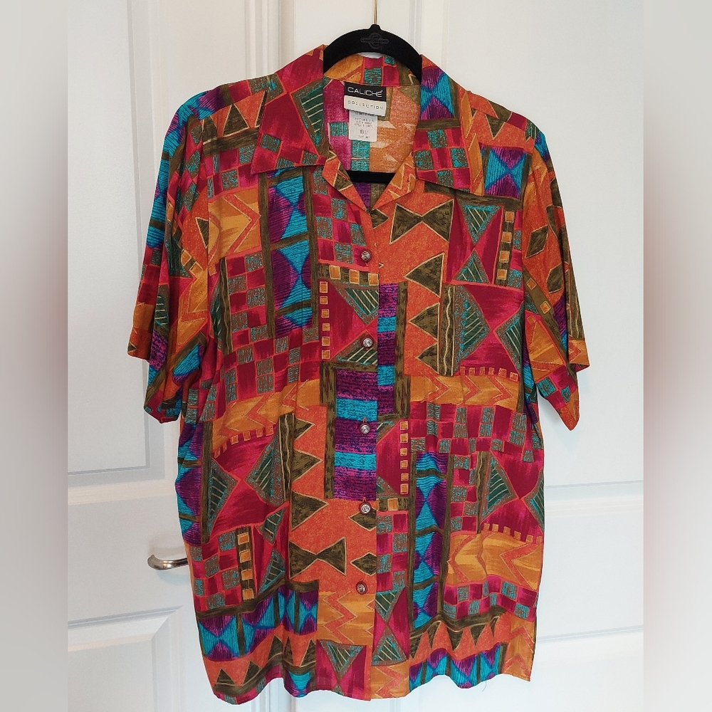 Vintage Caliche Collection Colorful short-sleeve button-up shirt Size M Eclectic